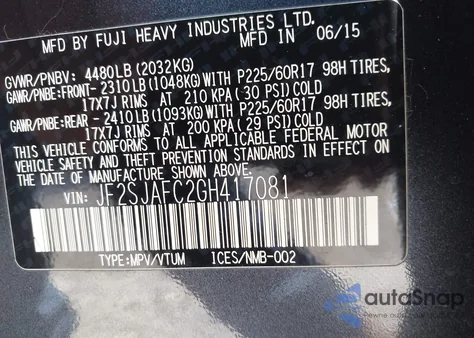 2016 Subaru Forester 2.5I Premium из США, поврежденный, VIN JF2SJAFC2GH417081